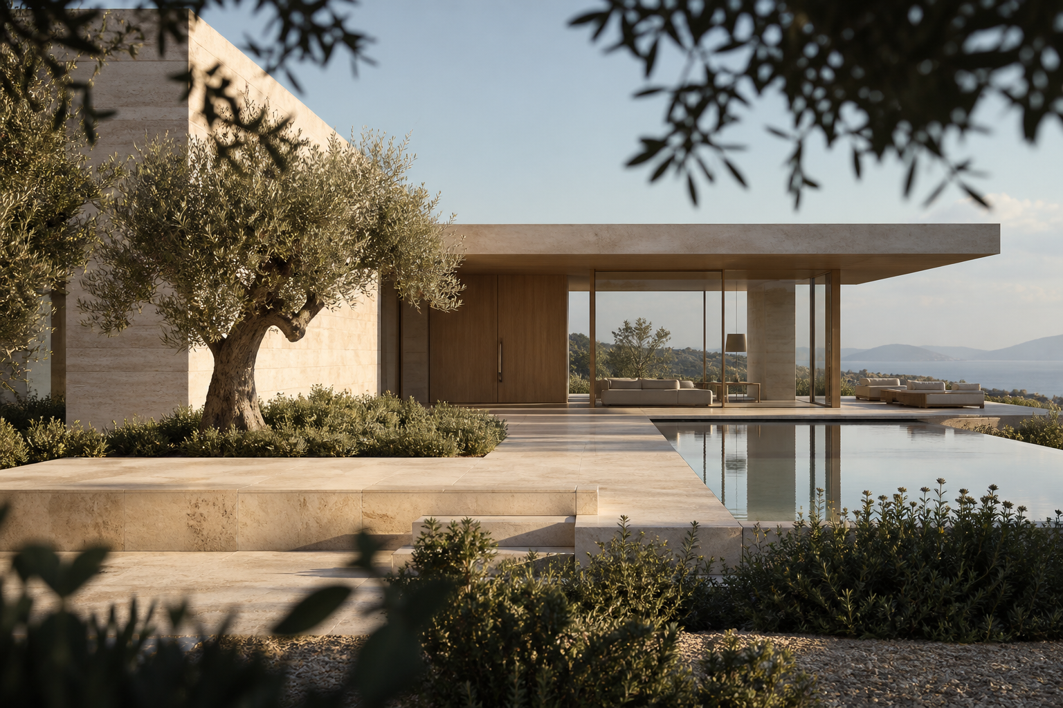 Original architectural concept: a contemporary limestone home beside an olive tree and reflecting pool